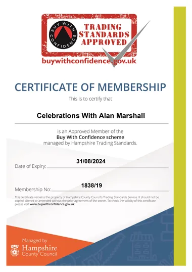 Buy With Confidence Membership Certificate 2023 Celebrations with Alan Marshall