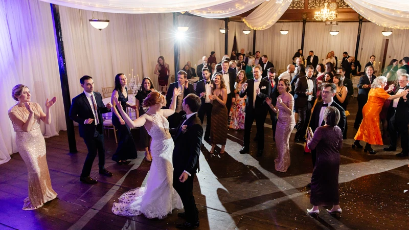 Bride and Groom dancing with guests at a Hampshire Wedding with DJ Alan Marshall