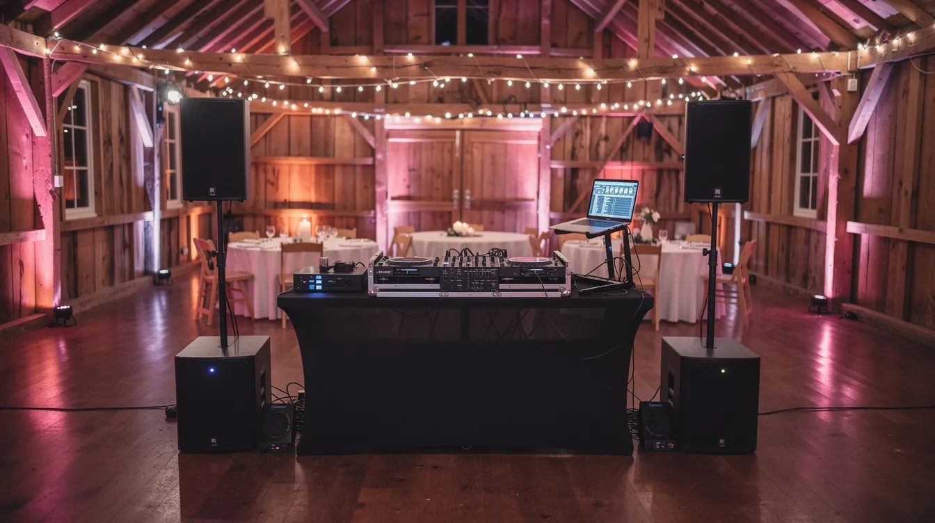 A professional DJ setup is featured in a rustic barn wedding venue, complete with colourful uplighting and neatly arranged speakers and equipment. This vibrant scene sets the stage for an unforgettable wedding ceremony filled with the best wedding entrance songs and lively dance music that will make guests smile.