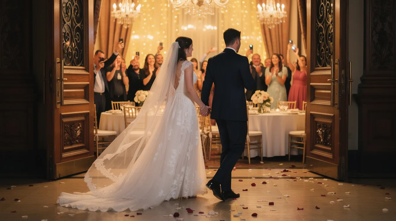 A bride and groom joyfully walk hand-in-hand through grand wooden doors into a warmly lit reception hall, greeted by cheering guests celebrating their wedding day. The atmosphere is filled with love and excitement, making it a perfect moment for wedding entrance songs that capture their everlasting love.