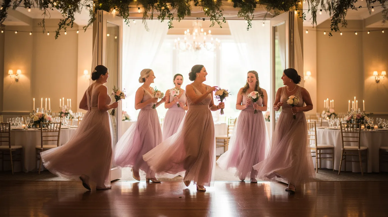 A bridal party of bridesmaids in matching dresses joyfully dances through a beautifully decorated doorway, entering a reception space filled with smiles and excitement. The atmosphere is lively, perfect for celebrating love with upbeat wedding entrance songs that set the tone for the memorable evening.