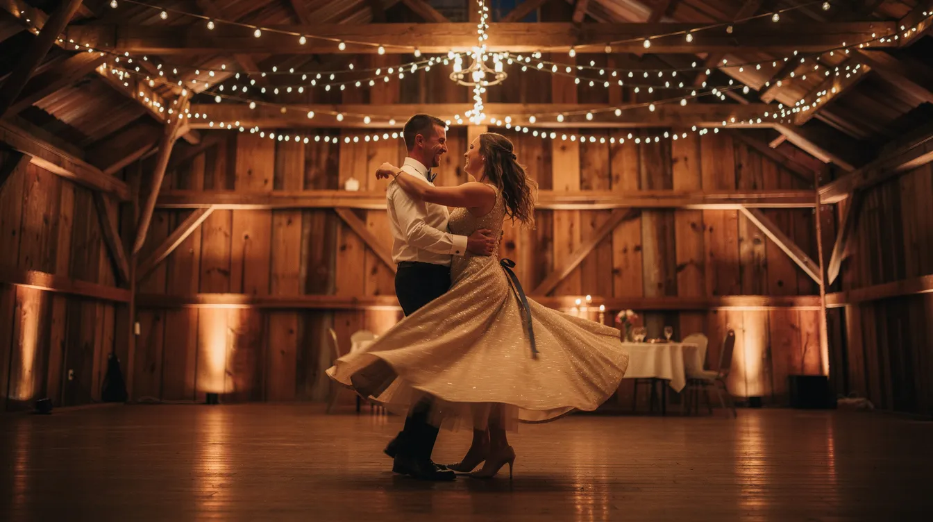 A couple dances joyfully in a rustic barn venue, beautifully adorned with fairy lights and warm uplighting, creating an enchanting atmosphere for their wedding ceremony. The moment captures the essence of everlasting love, as guests smile and enjoy this big entrance filled with meaningful lyrics and an upbeat song.